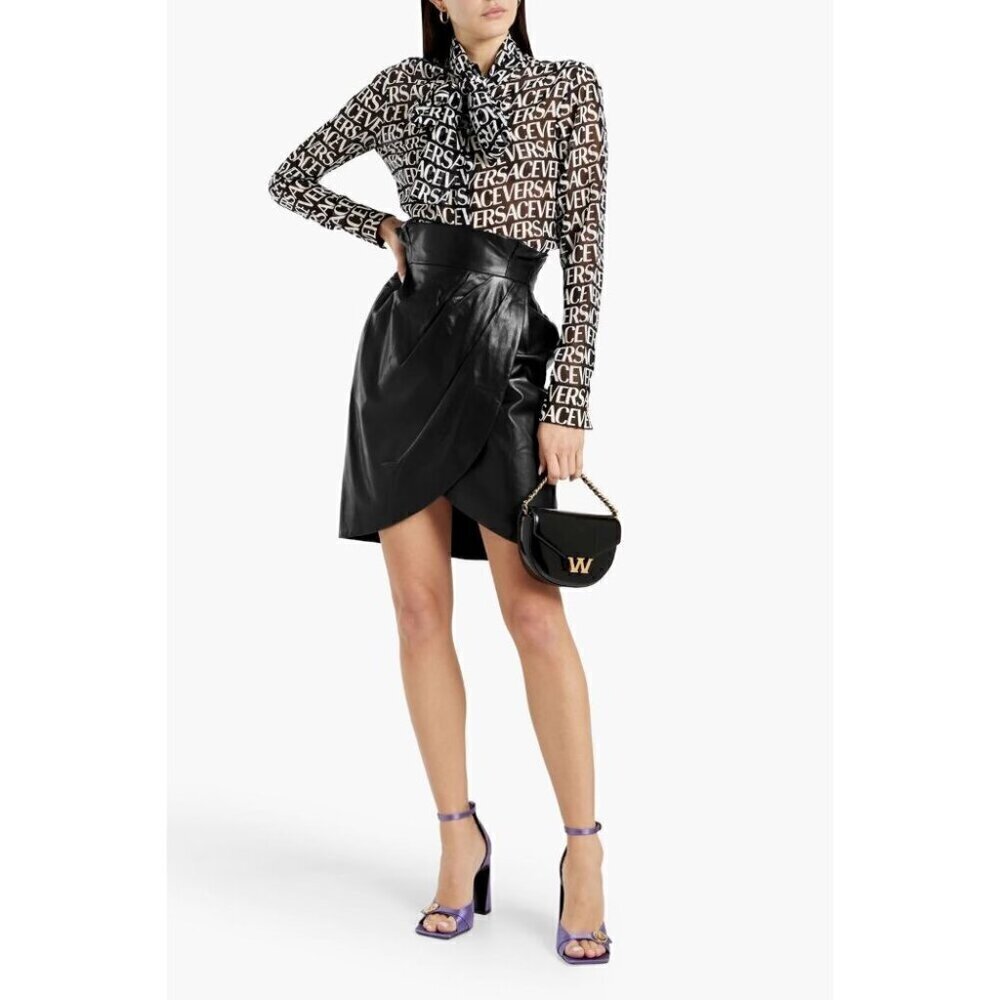 Versace Wrap-effect Pleated Leather Mini Skirt Black IT 42 US 6 NWT US$2,495